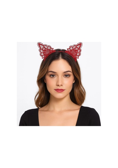 Dantelli Kırmızı Kedi Tacı - Vintage Tarz Dantel Kedi Kulak Bx40 Diğer