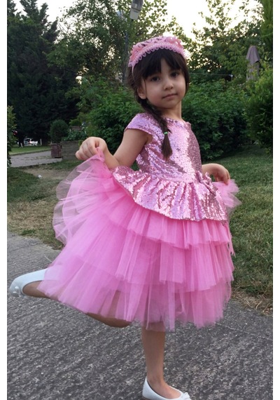 Lilymoon Kız Çocuk Tüllü Abiye Elbise Pul Payetli Pembe