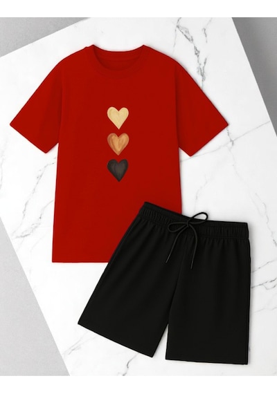 Uyguntarz Unisex 3 Kalp Baskılı Tasarım Şort Takım Kırmızı