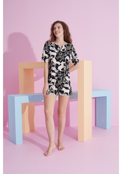 Siyah İnci Likralı Örme T-shirt-şort Pijama Takım Zebra Desen