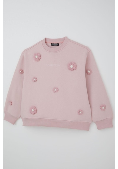 Locoloco Kız Çocuk Sweatshirt Çiçek Motifli 9-14 Yaş, Pembe Pembe