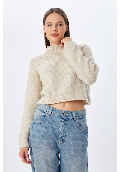 Mixray 6854 Kadın Dik Yaka Bütün Crop Triko Kazak Naturel Naturel