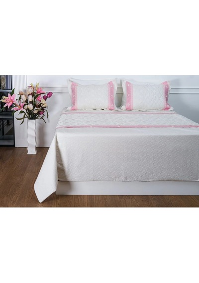 Gülfem Pamuk Baskılı Krem Pembe Yatak Örtüsü Çift Kş. 6 Parça 245x260 Cm 1450 Pembe