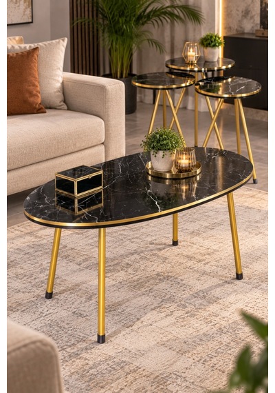 Sulorahome Siyah Ve Gold Metal Ayaklı 4'lü Sehpa Seti Siyah - Altın