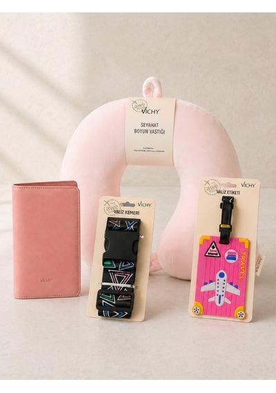 Seyahat Seti Boyun Yastığı Pasaport Kılıfı Valiz Kemeri & Etiketi 4 Lü Travel Set Pembe