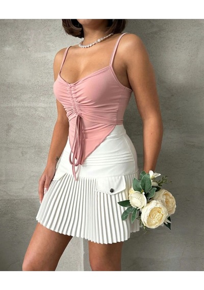 Önü Büzgülü Askılı Crop Pembe
