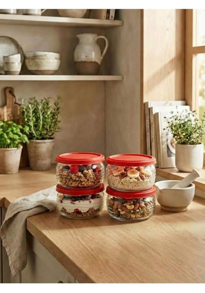 4'lü Set Kapaklı Cam Saklama Kabı, Kırmızı, 415 Ml