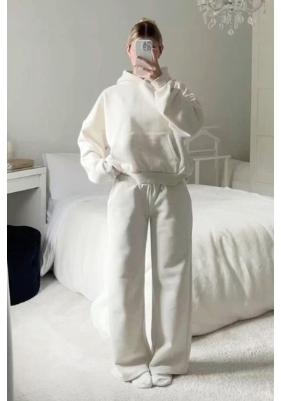 Ekru Kapüşonlu Şardonlu Oversize Cepli Sweatshirt Mg2206