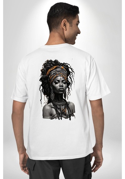 Afrikalı Kadın Sanat Siyahi Beyaz Oversize Unisex Ön Ve Sırt Baskılı Tişört Beyaz