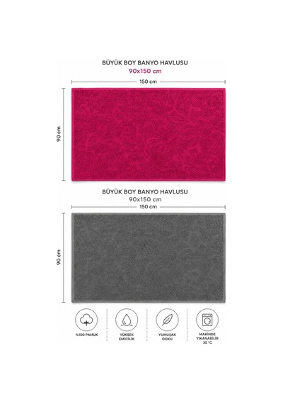 2'li Jakarlı Büyük Boy Banyo Havlusu 90x150 Cm %100 Pamuk Lorea 650 Gr Fuşya-gri
