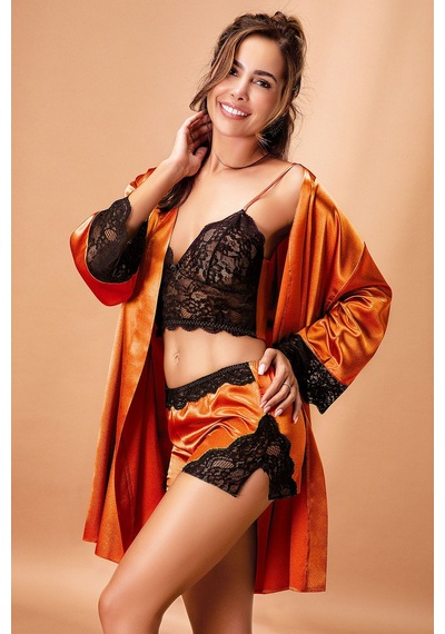 Nurteks 3509 Kadın Bralet Şort Kimono Takım-amber Turuncu
