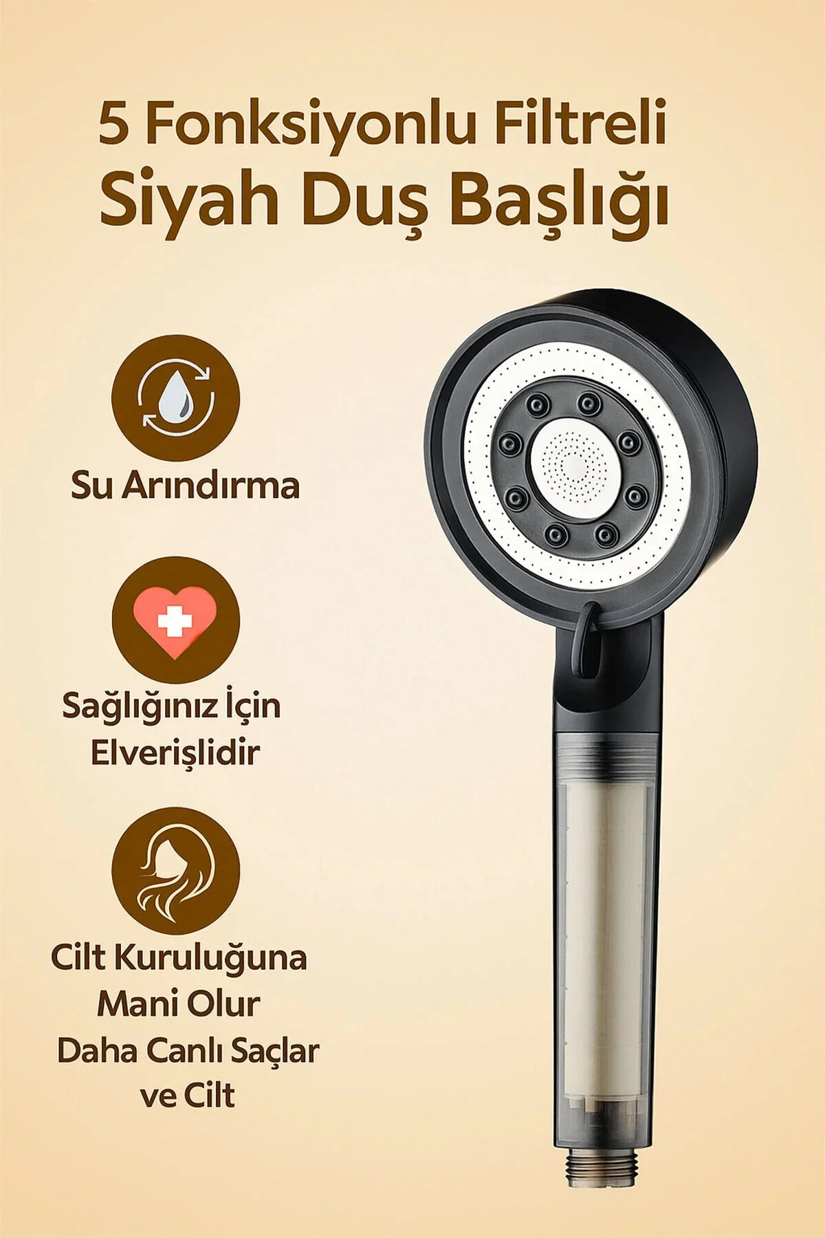 Filtreli Duş Başlığı Seti 3 Yedek Filtre Harici Arıtma Aparatı 2 Aşamalı Filtrasyon Siyah
