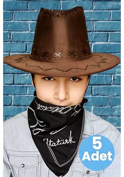 Uniquetrenders Çocuk Unisex Bandanalı 5'li Nubuk Kovboy Şapkası 8-14 Yaş Kahverengi 6