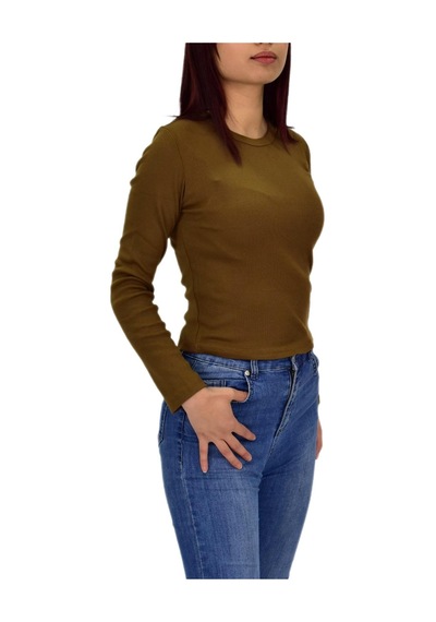 Kadın Uzun Kol Fitilli Body Tişört Bgl-st04231 Açık Kahve