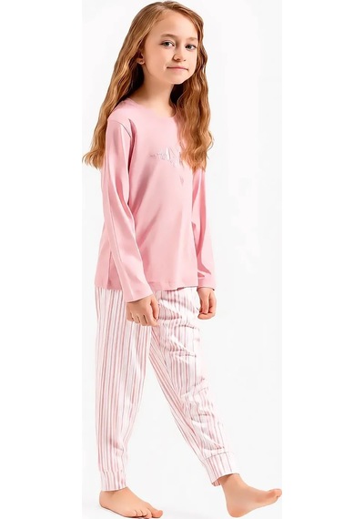 U.S. Polo Assn. Çizgili Uzun Kollu Kız Çocuk Pijama Takımı Gül Kurusu