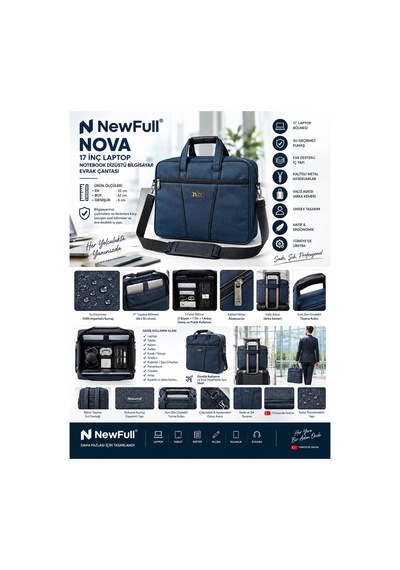 Newfull Nova 17 İnç Laptop Notebook Dizüstü Bilgisayar Evrak Çantası Lacivert