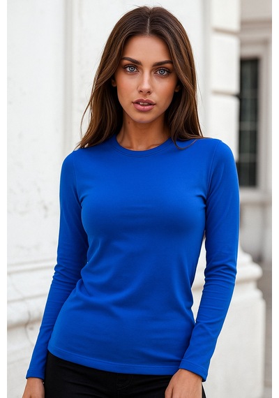 Kadın Saks Mavi Bisiklet Yaka Uzun Kollu Body Saks Mavi
