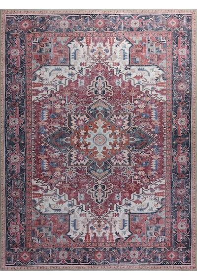 Fușya Pembe Ve Kırmızı Madalyon Desenli Vintage Halı