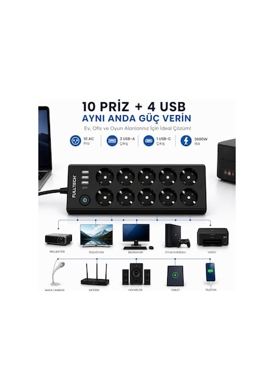 Çoklu Priz 10 Lu Grup Priz Usb Li 3x Usb-a, 1x Usb-c , 3680w 16a, 2 Metre Kablo, Topraklı Uzatma Kablosu, Ev Ofis Gaming