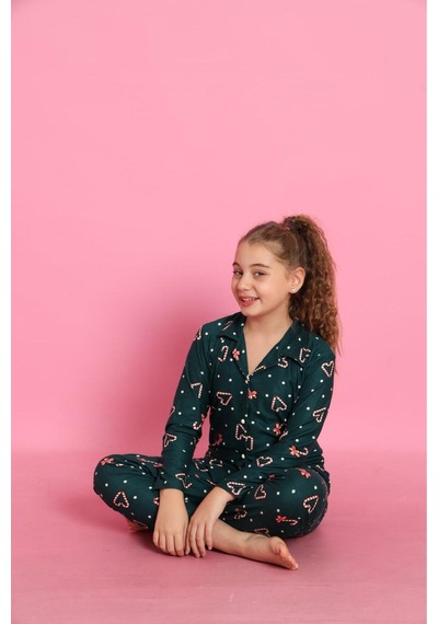 Beka Kids Yılbaşı Desenli Uzun Kollu Önden Düğmeli Gömlek Yaka Kız Çocuk Pijama Takımı Yeşil