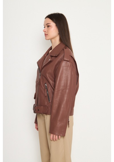 M M Marki Marki Kadın Hakiki Jumbo Deri Ceket Biker Tarz, Kemerli, Oversize, Apoletli, 65 Cm, Kahverengi - 116622x