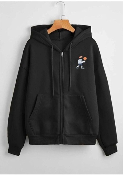 Altamira Unisex Gri Karikatür Baskılı Mevsimlik Oversize Kapüşonlu Hırka 001