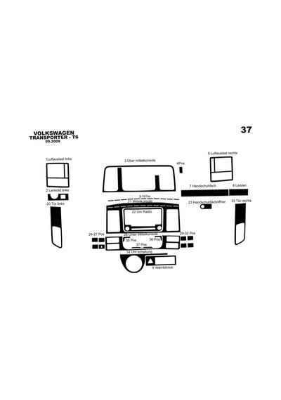 Volkswagen Transporter T6 Torpido Kaplama 2009-2014 37 Parça Piano Black