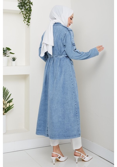 Hb Harma Time Butik Kadın Cepli Kuşaklı Denim Mavi Trençkot