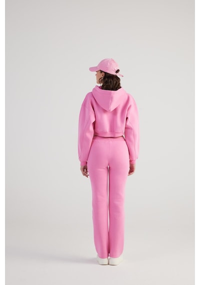 Holly Lolly Kadın Pembe Kapüşonlu Uzun Kol Fermuarlı Crop Mixed Sweat