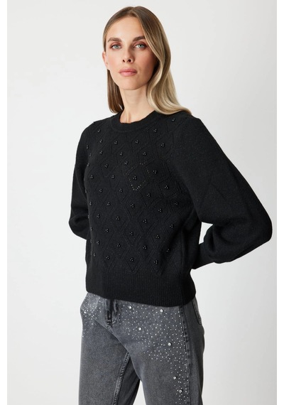 On Fashion Kadın İncili Baklava Desenli Siyah Kazak 63316 Siyah
