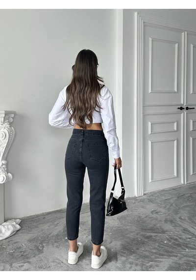 Blue Marlın Kadin Füme Sol Bacak Nakişli Mom Kot Jeans Siyah