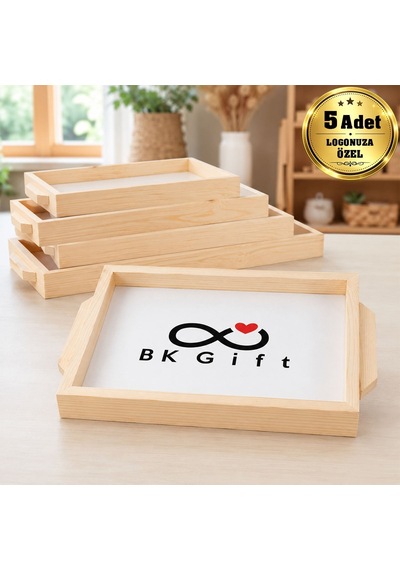 Logonuza Özel 5 Adet Doğal Çam Ahşap Tepsi 37,5x23,5 Cm Metal Baskı Alanlı