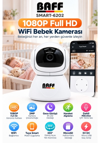 Smart-6202 1080p Full Hd Wifi Bebek Kamerası 2mp Gece Görüşlü Mikrofonlu Hareket Algılamalı Tuya Smart Akıllı Kamera Beyaz