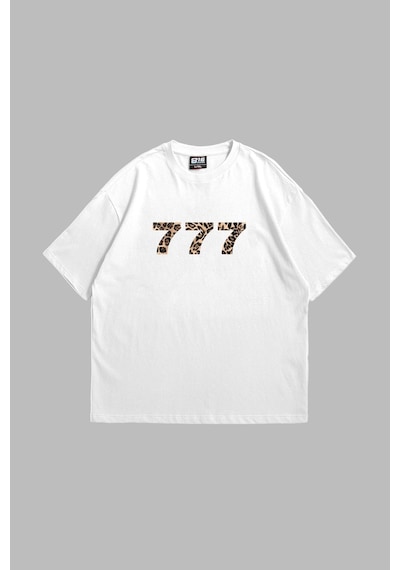 Tarzsokak 777 Leopar Baskılı Oversize Unisex Premium Beyaz Beyaz