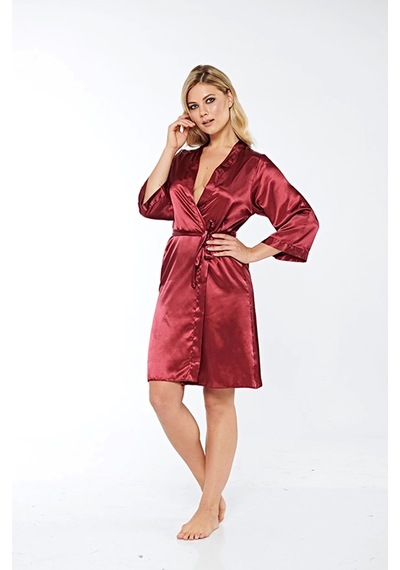 Bordo İpek Saten Sabahlık - 14004 Bordo