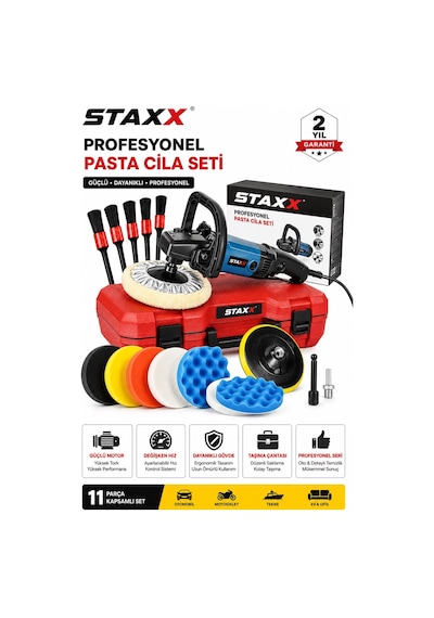 Staxx Stpol1411 1400w Pasta Cila Polisaj Makinesi 180 Mm Devir Ayarlı Bakır Sargılı 11parça Full Set