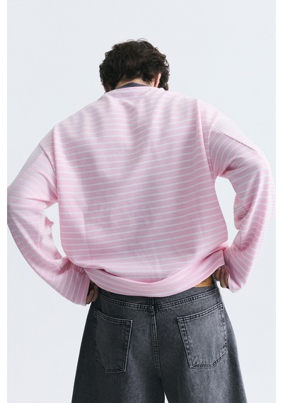 Vamos Kontrast Yaka Çizgili Sweatshirt Ekru-pembe