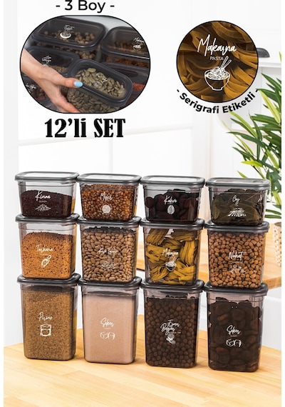 Vienev Beyaz Serigrafi Etiketli 12li Peggy Dikdörtgen Saklama Kabı Seti 4x 1500-1150-800 Ml Antrasit Çok Renkli