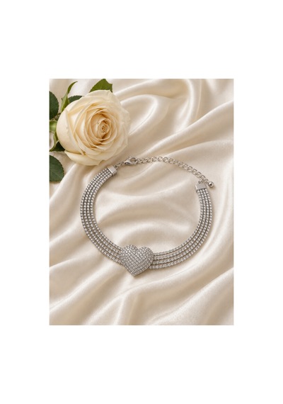 Kalp Motifli Çok Sıralı Zirkon Taşlı Kadın Choker Kolye Gümüş - 900249875 Gümüş