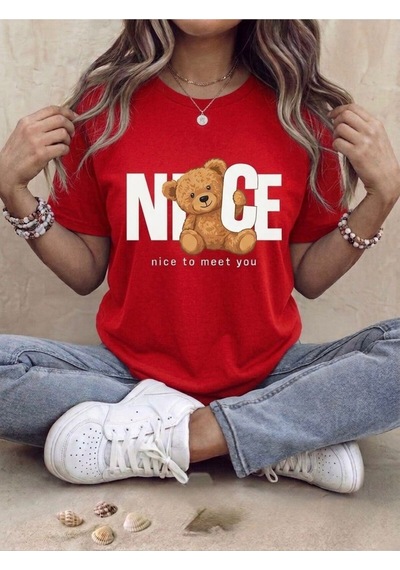 Ayıcık Figürlü Nice To Meet You Yazılı Oversize T-shirt Kırmızı