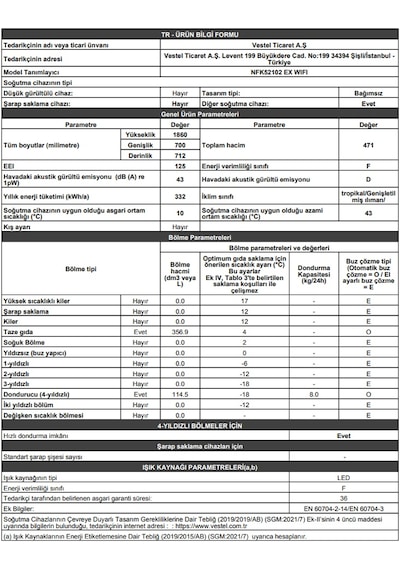 Vestel NFK52102 EX WIFI 471 LT No-Frost Kombi Tipi Buzdolabı