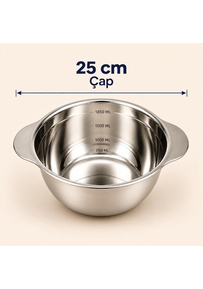 Paslanmaz Çelik 1850 Ml Ölçülü Kap 25 Cm, İç Ölçek Çizgili Büyük Boy Karıştırma Ve Hazırlık Kabı, Çift Yan Tutamaçlı Mutfak Ölçü Kabı Çok Renkli