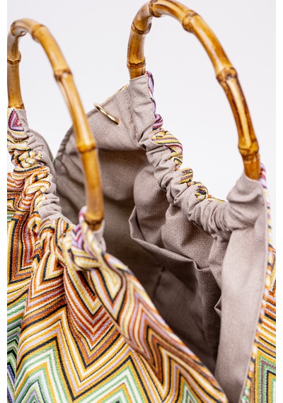 Fabric Craft Bag El Çantası Bambu Saplı Zigzag Desenli Duck Kumaş Çok Renkli
