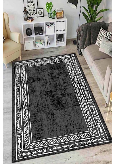 Siyah Kaymaz Tabanlı Otantik Desen Mutfak Halısı Ar1034n11