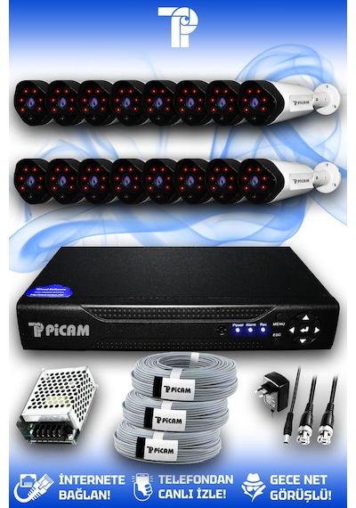 Picam 16 Kameralı Uzay 16 Dış Kamera Set HDD'siz Full HD Gece Görüşlü Güvenlik Kamerası Sistemi