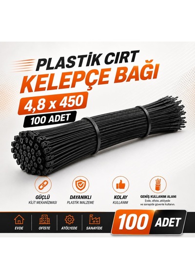 100 Adet Kablo Bağı Plastik Cırt Kelepçe 4,8x450 Mm Siyah Dayanıklı Güçlü Sabitleme Bağı Genel