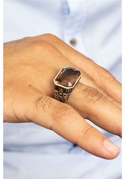 Dikdörtgen Zultanit Taşlı Renk Değiştiren Gümüş Erkek Yüzük -8464 Gümüş