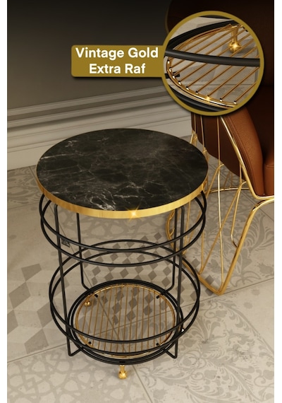 Bino Sehpa Avangart Gold Ayaklı Çelik Yan Orta Sehpa Gold Rafli Modern Metal Zigon Sehpa Çiçeklik