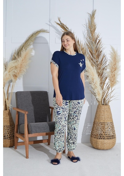 Sevim Kadın Büyük Beden Kısa Kol Lacivert Pijama Takım C3t4n851 001