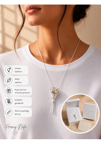 Kurutulmuş Çiçek Yerleştirilebilir Buket Kolye Gümüş Renk Unisex Kolye Çok renkli